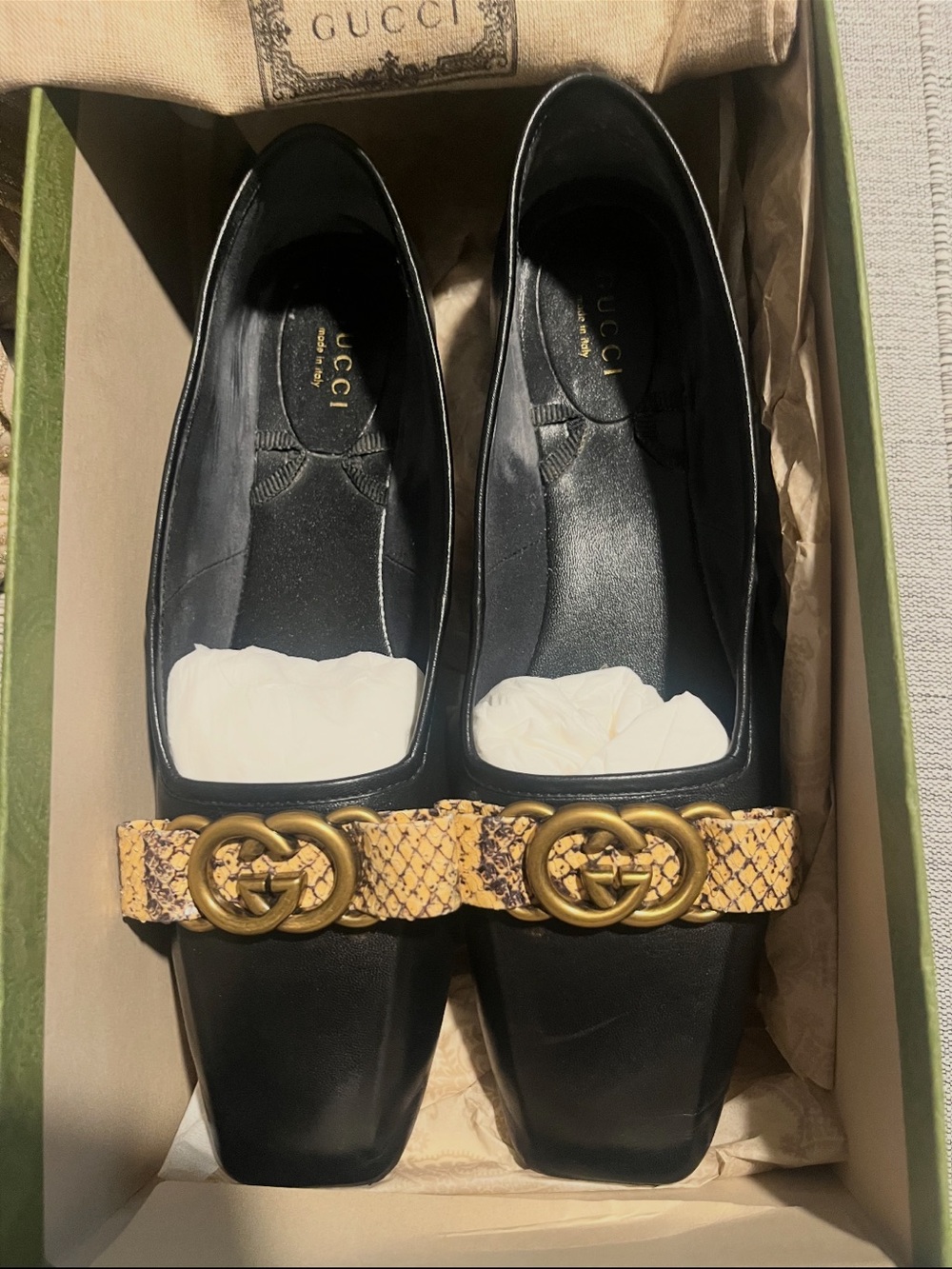 Gucci Black Leather Ballet Flats with Yellow Snakeskin 🔥‼️